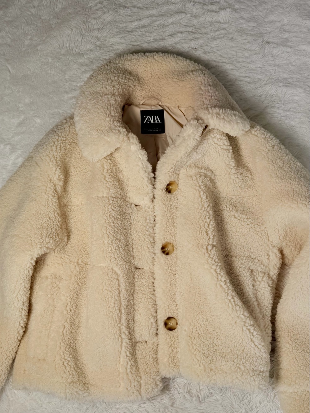 Zara Cream Teddy Sherpa Jacket with Button Front